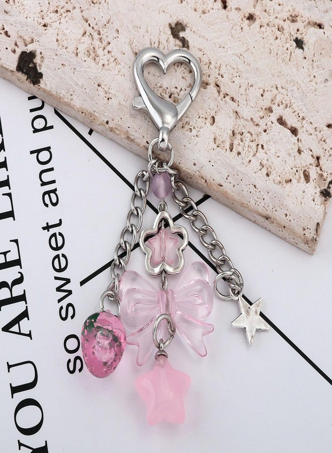 SORGERLY Cute Y2K Aesthetic Charm Keychain - Kawaii Star Strawberry Bow Heart Key Chain Accessories - Pink Bag Purse Handbag Backpack Decor for Women - Image 5